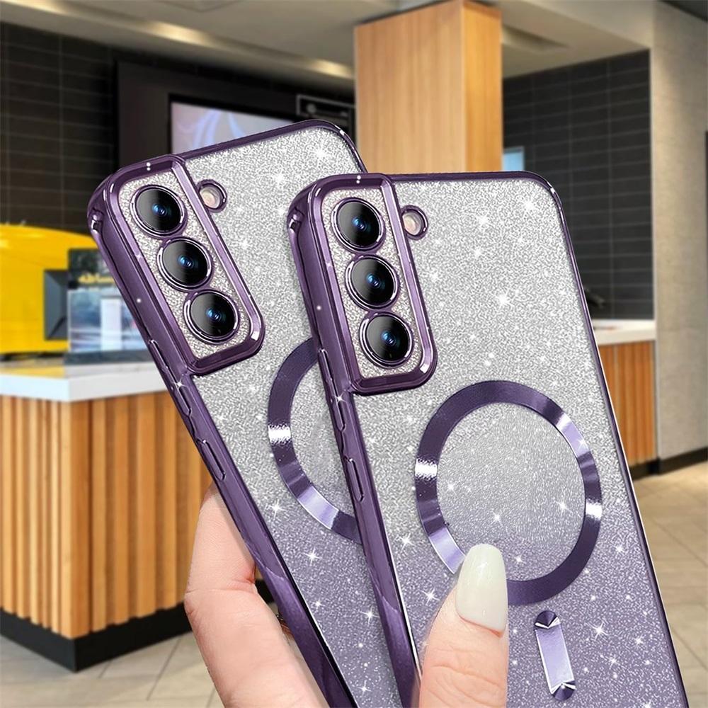 Glitter brilhante capa para samsung galaxy s24 s23 s22 s21 s20 ultra plus fe caso note20 ultra chapeamento sem fio magsafe magnético