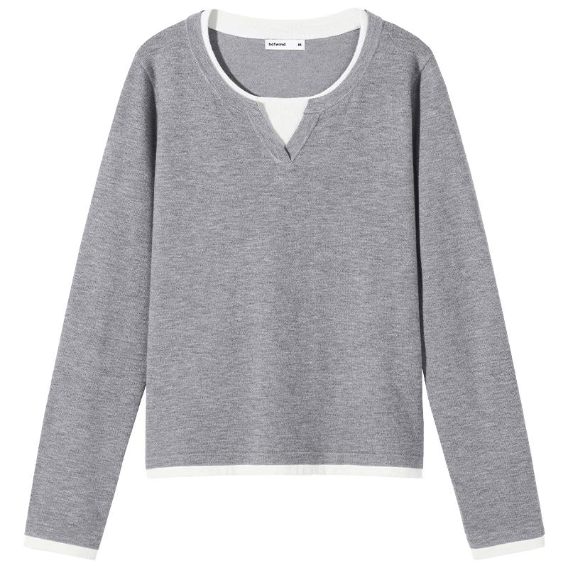 Hotwind Women's Faux Two-Piece Round Neck Knit Sweater