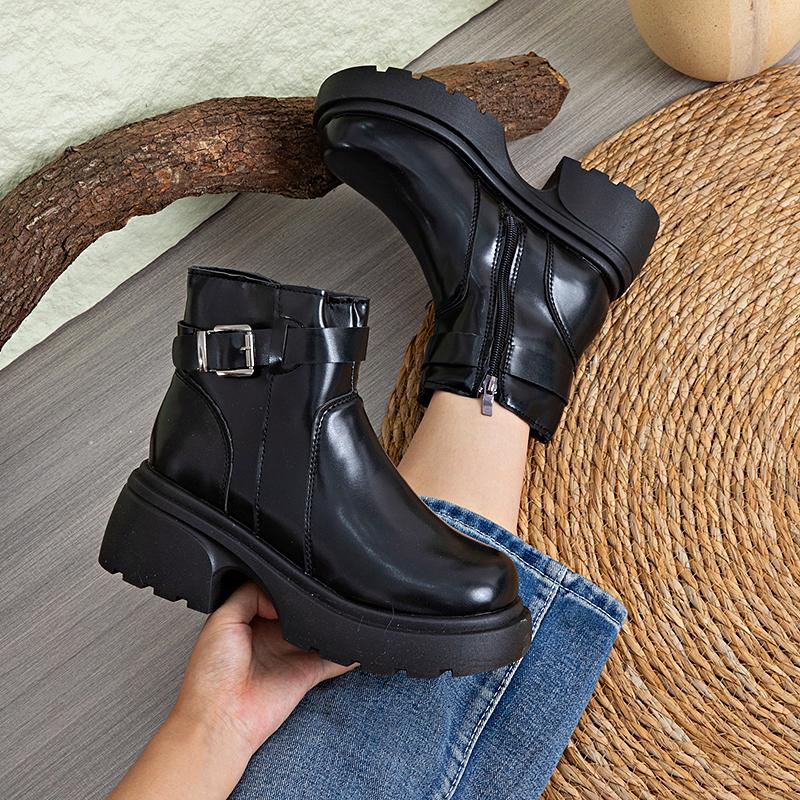Petite Thick-Soled Women'S Autumn Winter New Chelsea Boots British Style Faux Leather Motorcycle Short Boots With Fleece