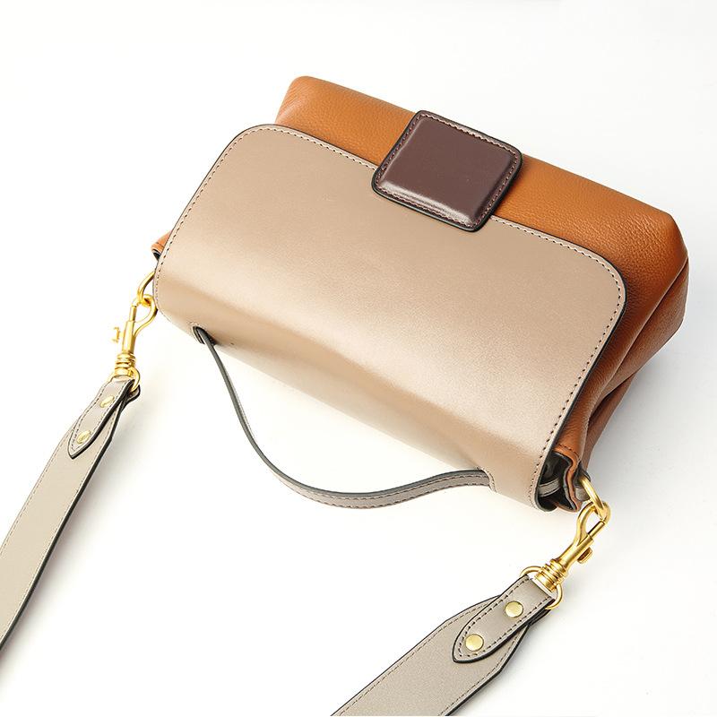 New Top Layer Cowhide Women's Bag, Fashionable and Versatile Handbag, Single Shoulder Crossbody, Contrasting Color Small Square Bag