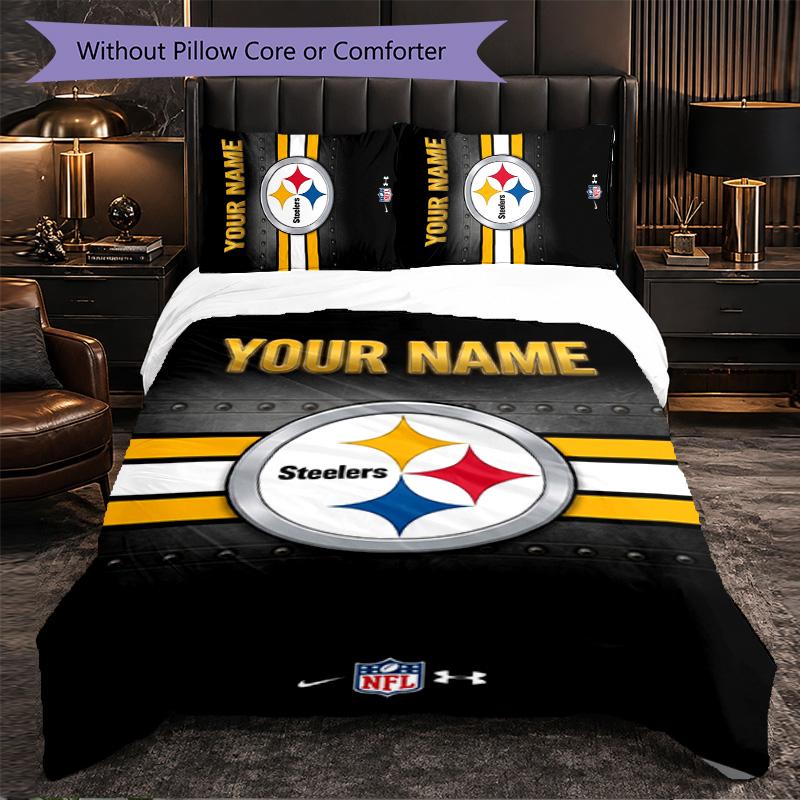 Pittsburgh Steelers Customized Name Text Bedding Set, 1 Duvet Cover & 2 Pillowcases Personalized Bedroom Gift