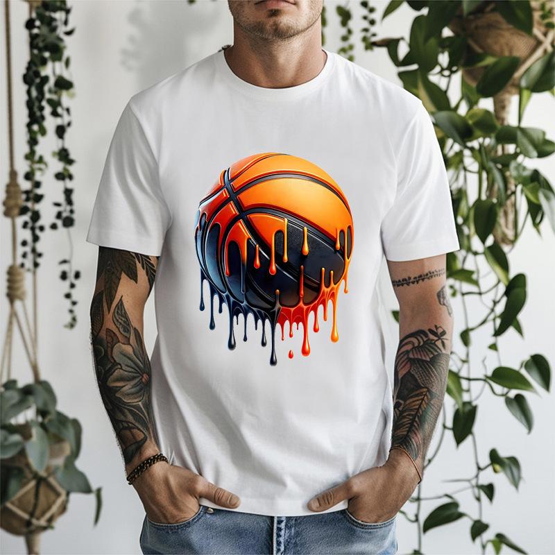 Melting Basketball Art Unisexs Front Print T Shirt Cool Sports Graphic Tee Casual Short Sleeve Top Great Gift For Basketball Fans