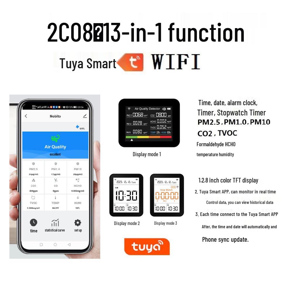13-in-1 Smart Air Quality Detector with WiFi: CO2, PM2.5, Formaldehyde, TVOC, Temperature, & Humidity Monitoring Via App