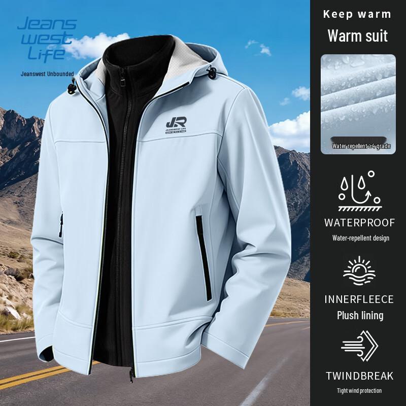 JEANSWEST LIFE Men s Autumn/Winter Water-Repellent Fleece Hooded Jacket & Inner Top Set XL
