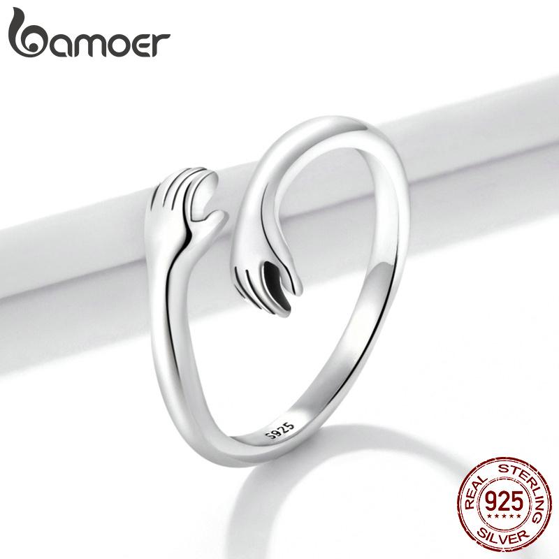 BAMOER 925 Silver Hug Open Ring Warm Love Hand Adjustable Glossy Ring for Women, His Big Loving Family Party Gift