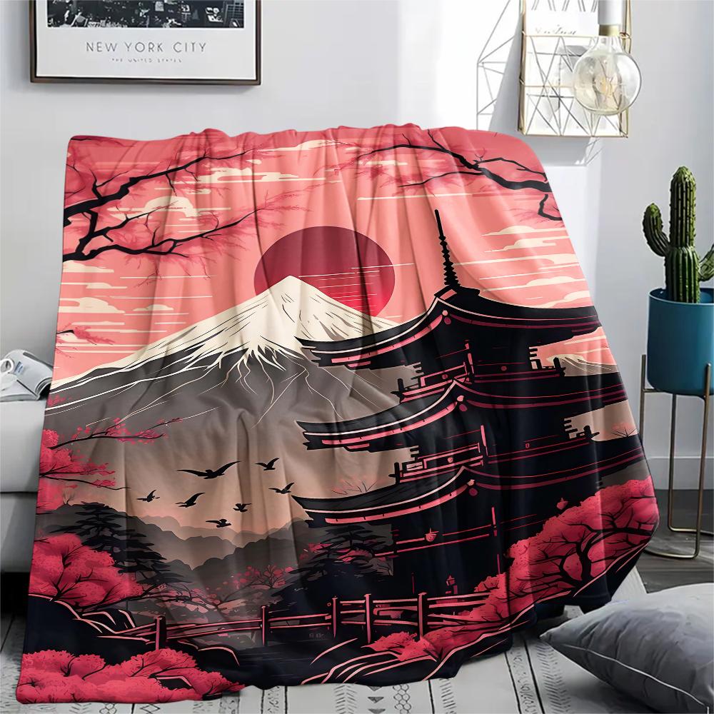 1Pc Japanese Pattern Print Flannel Blanket, High Quality Comfortable for All Seasons, Home Decor, Warmth and Comfort, Perfect for Christmas Gifts