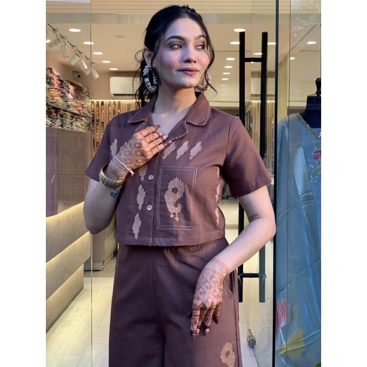 Women Summer Session Shirt Style Cord Set with Embroidery Pure Cotton Palazzo VSO-1733 C