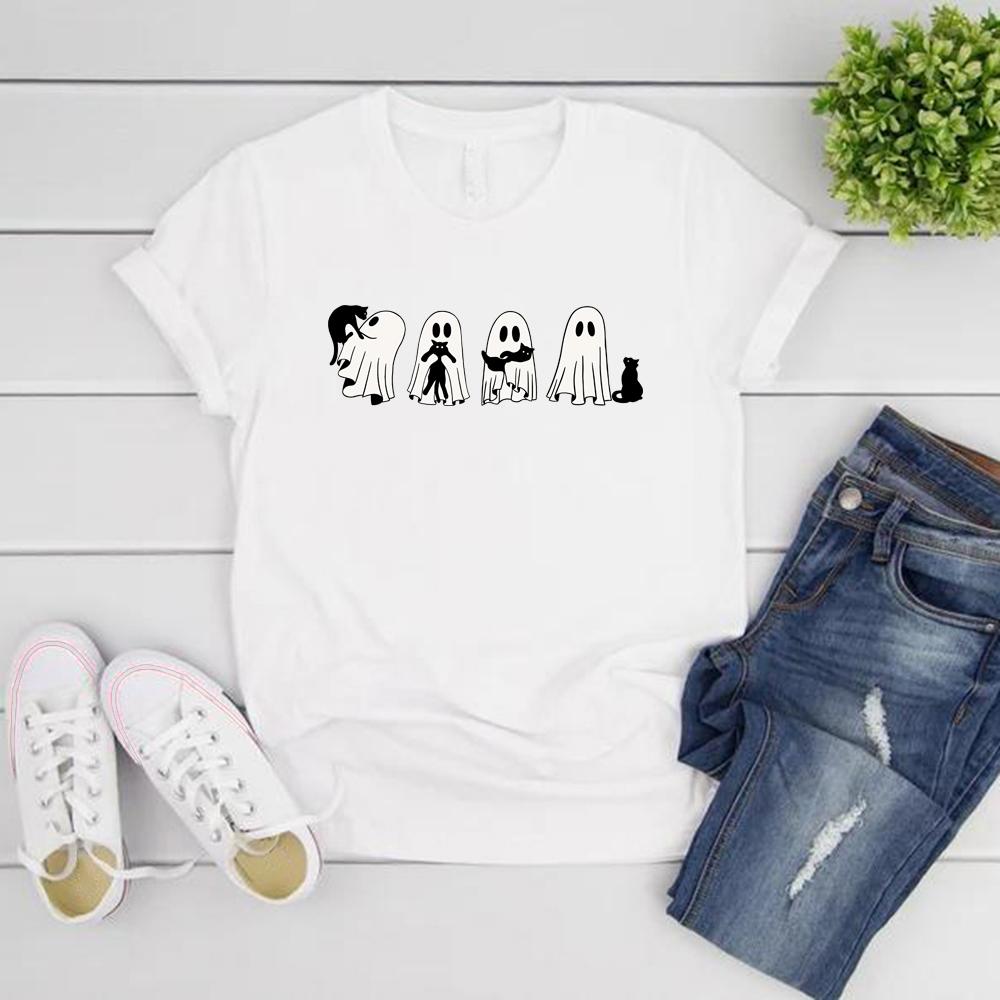 Halloween Black Cat and Ghost Tshirt Halloween Ghost Tshirt Spooky Season Cat Tee Cute Women Graphic T Shirts Halloween Gift