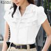 ZANZEA Women's Summer Casual V-Neck Short Sleeve Solid Color Loose Ruffle Blouse