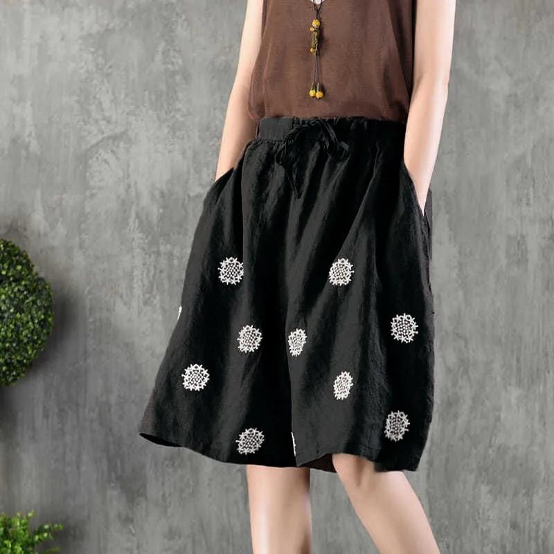 Pantaloni Vintage Ricamati Taglie Forti a Tre Quarti Pantaloncini a Gamba Larga da Donna in Cotone e Lino Versatili