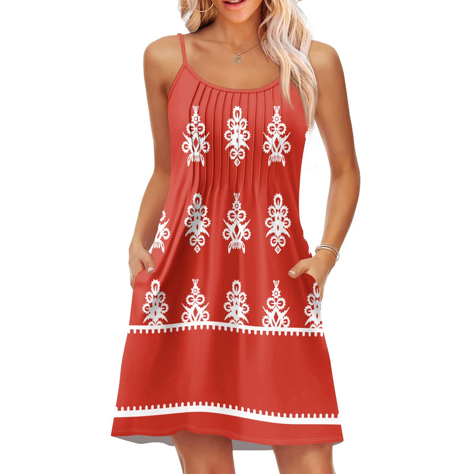 

Модное женское летнее платье с винтажным цветочным принтом, регулируемые бретельки для пляжного отдыха, повседневное платье с карманами XL красный