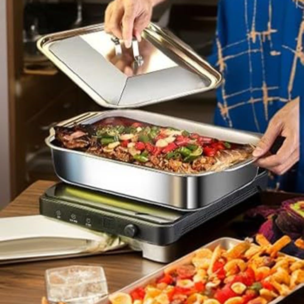 Stainless Steel Baking Pan with Lid Rectangular Household Baking Pan Deepening Tray 18x11 Inch
