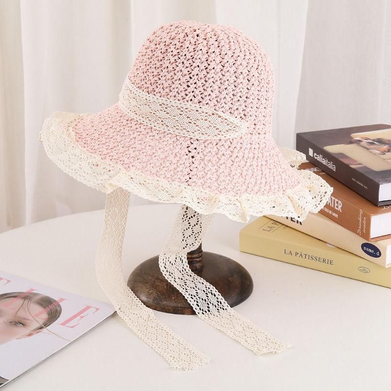 Sunshade Straw Hat Women's Large Eave Lace Bow Sunshade Hat Foldable Seaside Beach Sun Hat