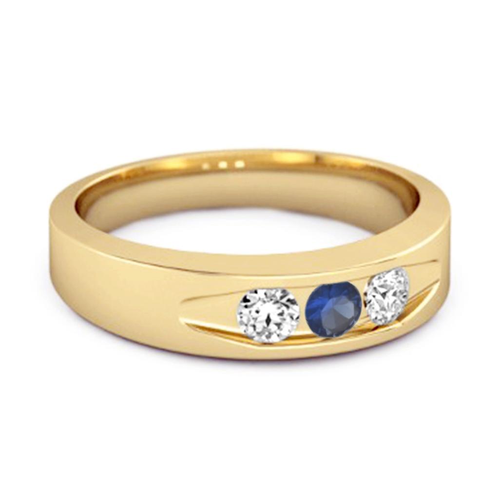 Blue Sapphire Three Stone Band Ring - 925  Sterling Silver Gold Vermeil