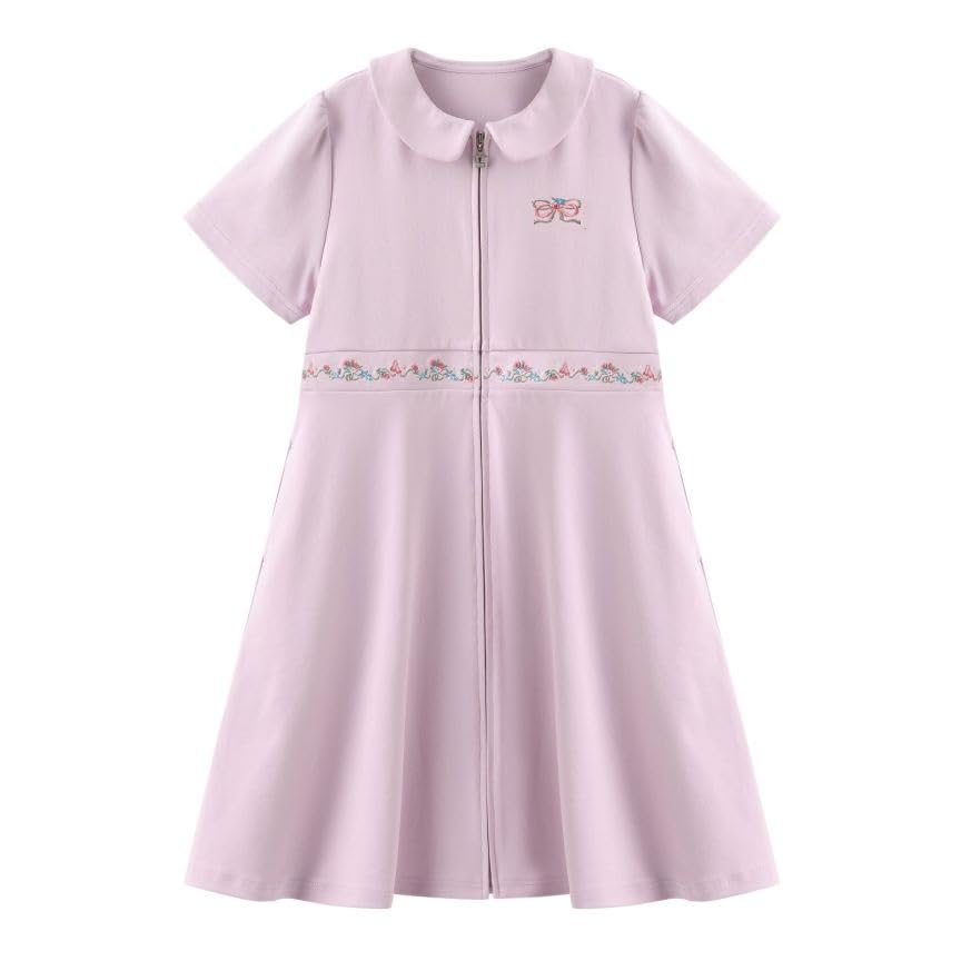 

FairyMary Детское платье с коротким рукавом и застежкой спереди, с поясом и вышивкой, одежда для балетных уроков, платье-худи 110 120 130 140 [FairyMary] На молнии (140, фиолетовый