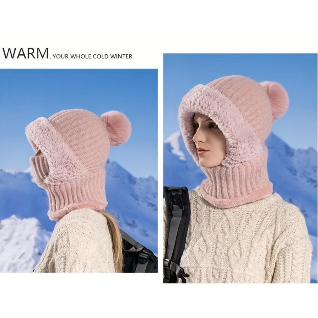 Women's Winter Hat Face Mask and Plush Earrings - Soft and Warm Full Face and Head Cover- Soft Fleece Lining Women's Winter Hat