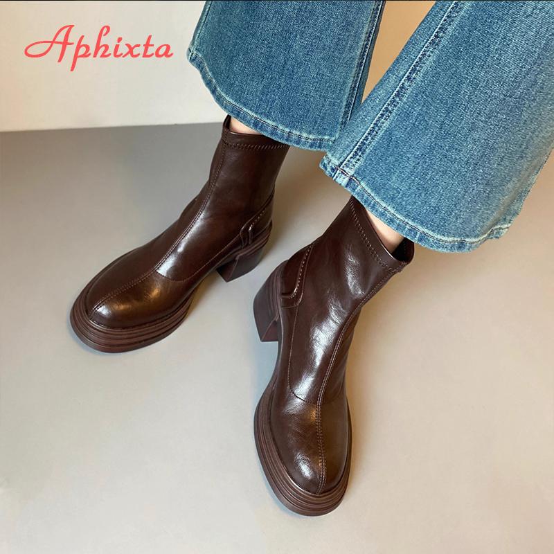 Aphixta Retro Chelsea Shoes Classic Woman Ankle Boots Square Heel Platform Boot Patent Leather Winter Black Ankle Boots