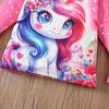 Kids Girls Fashion Clothing Set Spring Autumn Tie Dye Printed Cartoon Pegasus Pullover Flower Flared Pants Two Piece Outfit