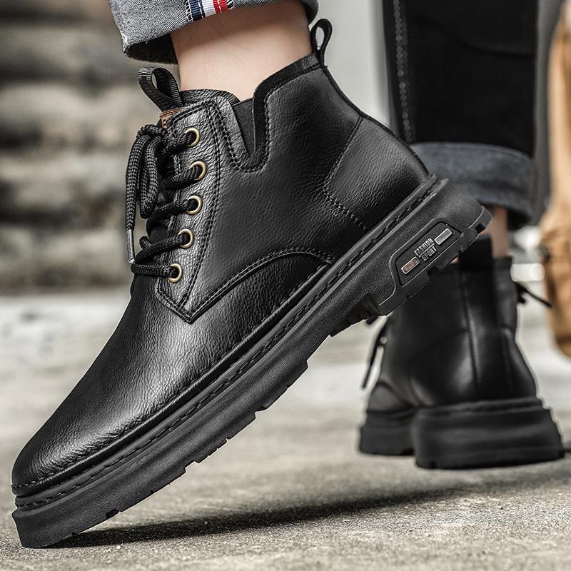 Nové business kotníkové boty pro muže Neformální ploché značkové boty Šněrovací módní Kožené boty Zimní protiskluzové vysoké boty na nářadí