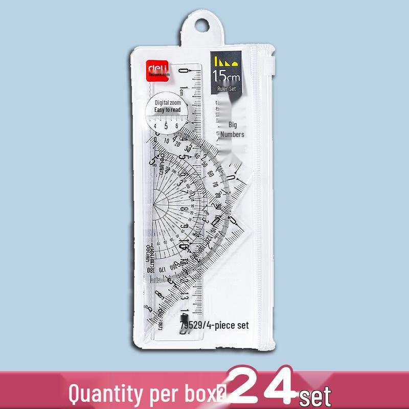 Deli 4-Piece Ruler Set: Includes Straight, Set Square, and Protractor for Student Stationery and Learning. 15CM Straight Ruler