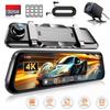4K Front and Rear Mirror Dash Cam, 9.66" IPS Touch Screen Dual Cameras, Loop Recording, G-Sensor, Parking Assistance, Backup Cam