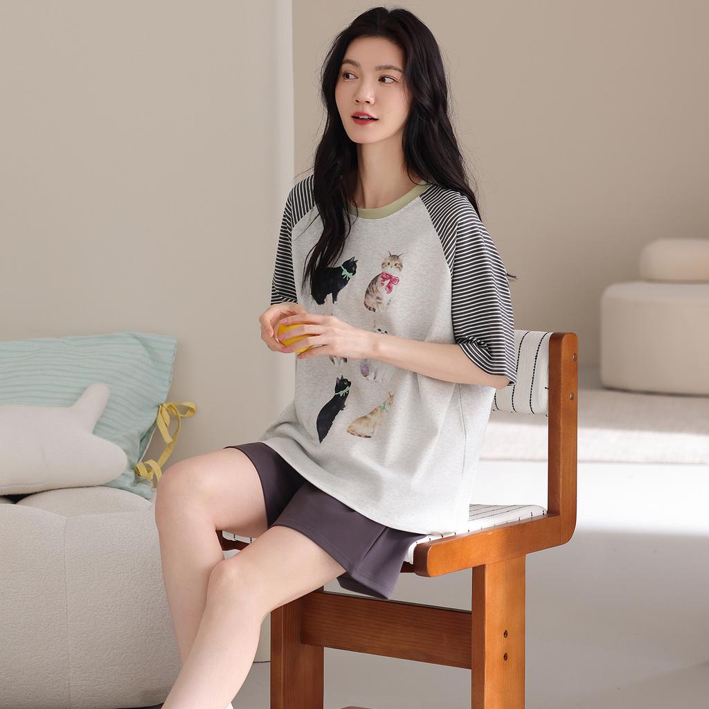 Pure cotton pajamas women's summer thin short-sleeved shorts casual Korean version cartoon cotton half-sleeved loungewear