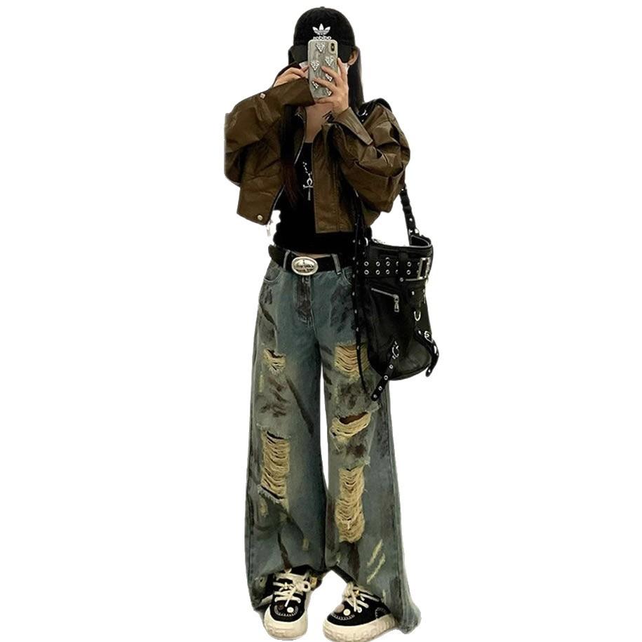 Comfortable Broken Hole Wide Leg Jeans Women's Retro Waste Soil Wind Loose Straight Drag Ground Trousers Tide Jeans for Women Long Denim Pants