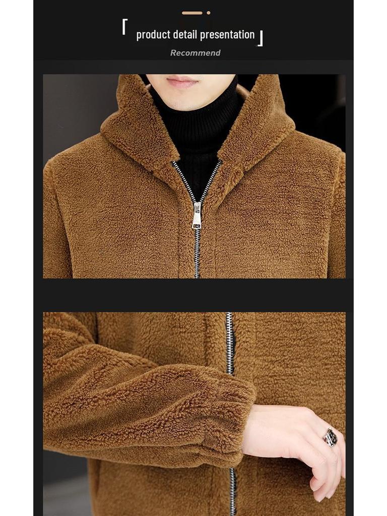 Men's Lambswool Hooded Wool Jacket with Fleece Lining and Embroidered Design