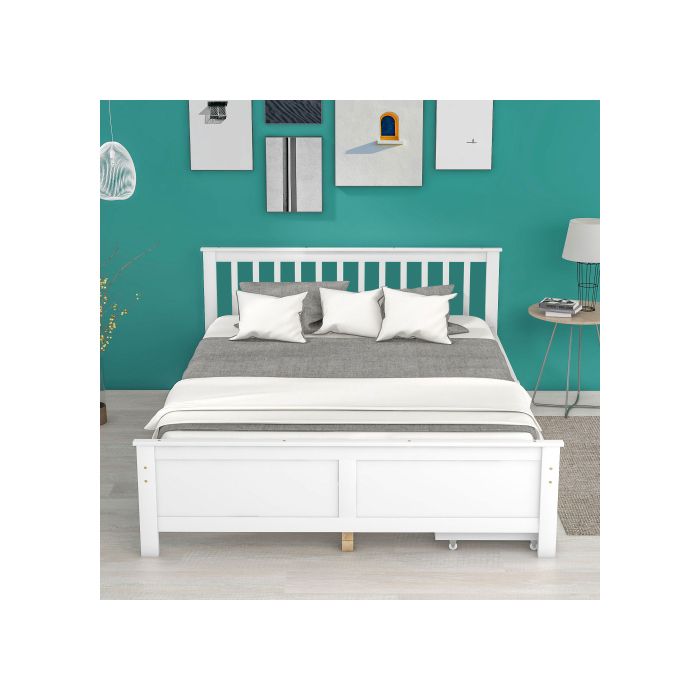 Lit double - MUVOE - 140x200 cm - Bois massif - Blanc - Avec tiroirs de rangement