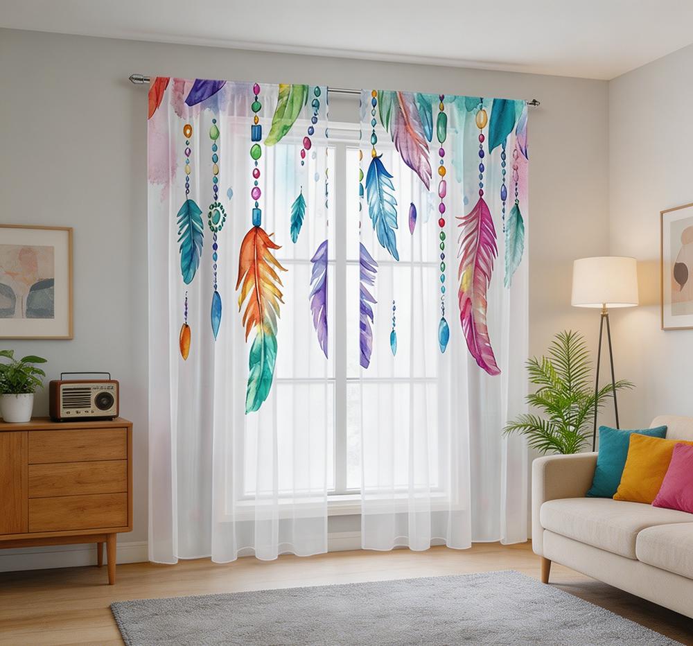2PCS Digital Printing Sheer Curtain, Colorful Feathers Dreamcatcher Pattern, Bohemian Tribal Ethnic Hippie Bedroom Decor