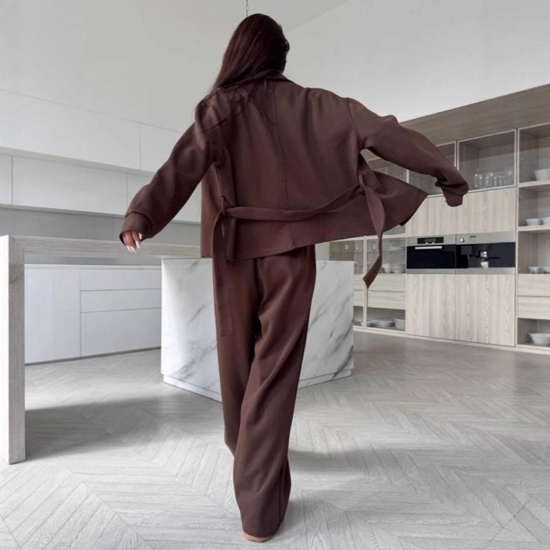 Womens Cotton Blend Casual Two-Piece Set Long Sleeve Button-Up Top With Drawstring Waist Wide Leg Pants