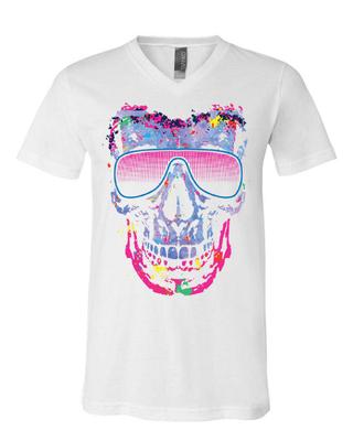 Neon Skull Sunglasses V-Neck T-Shirt Swag Multicolor Music EDM Rave Pop Tee