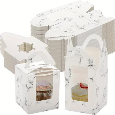 20/50 peças de caixas de cupcakes fofas, recipiente portátil para cupcakes individuais com janela e alça, caixas de exposição de padaria de mármore, porta-presentes para muffins
