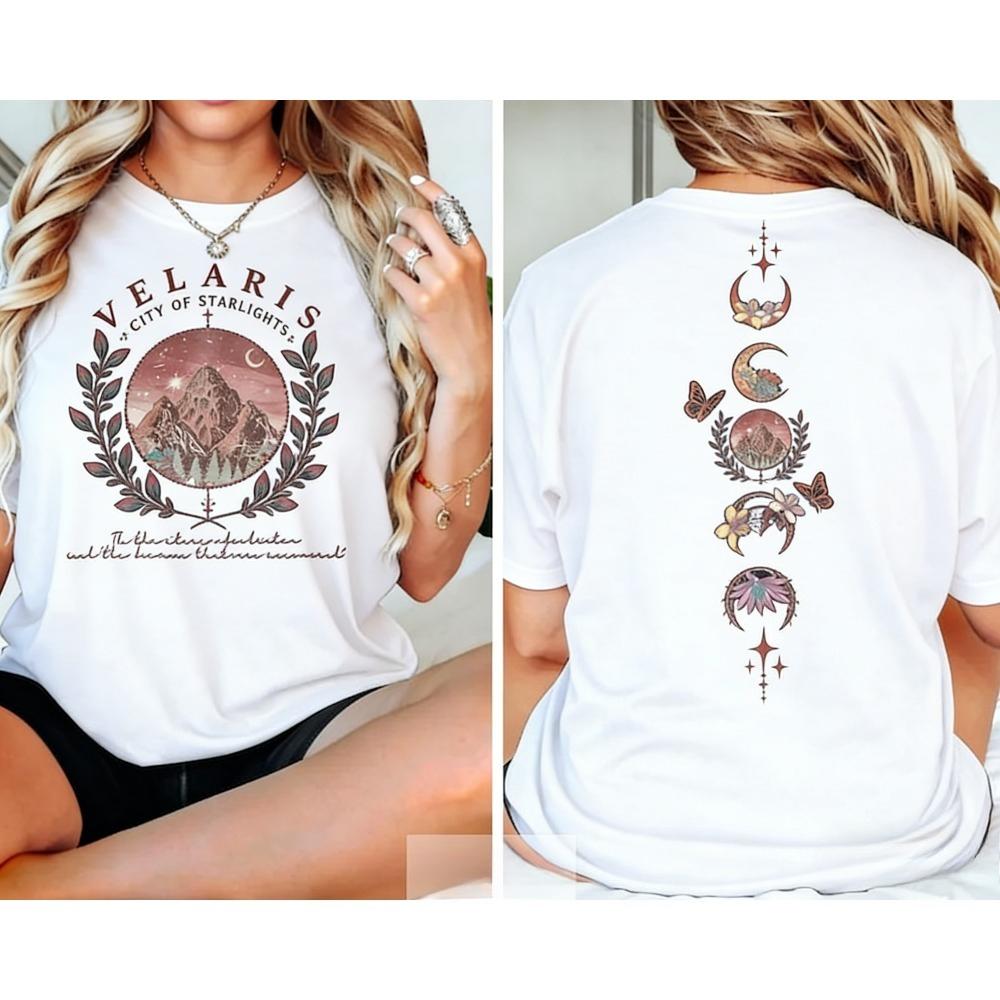 

Velaris City of Starlight Front Back Print Graphic T Shirt Women Cotton Lover Fantasy Reader Casual Daily Outfit S