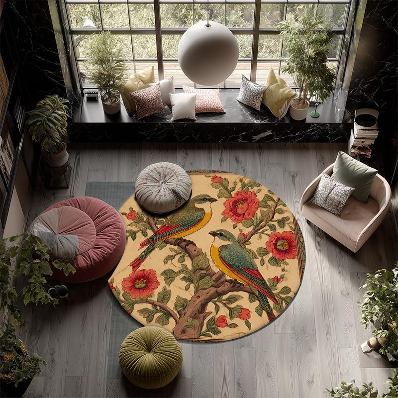 Vintage Flower Bird,Round Area Rug,Carpet Rug for Living Room Bedroom Sofa Playroom Decor,Non-slip Floor Mat
