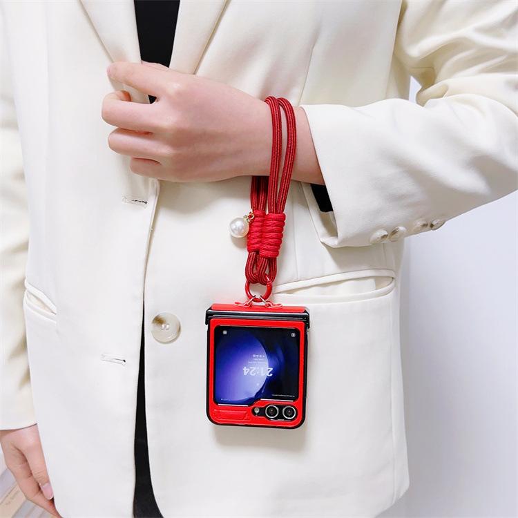 Applicable to Samsung ZFlip5 folding mobile phone case three-dimensional wavy zflip4 portable lanyard protective leather case