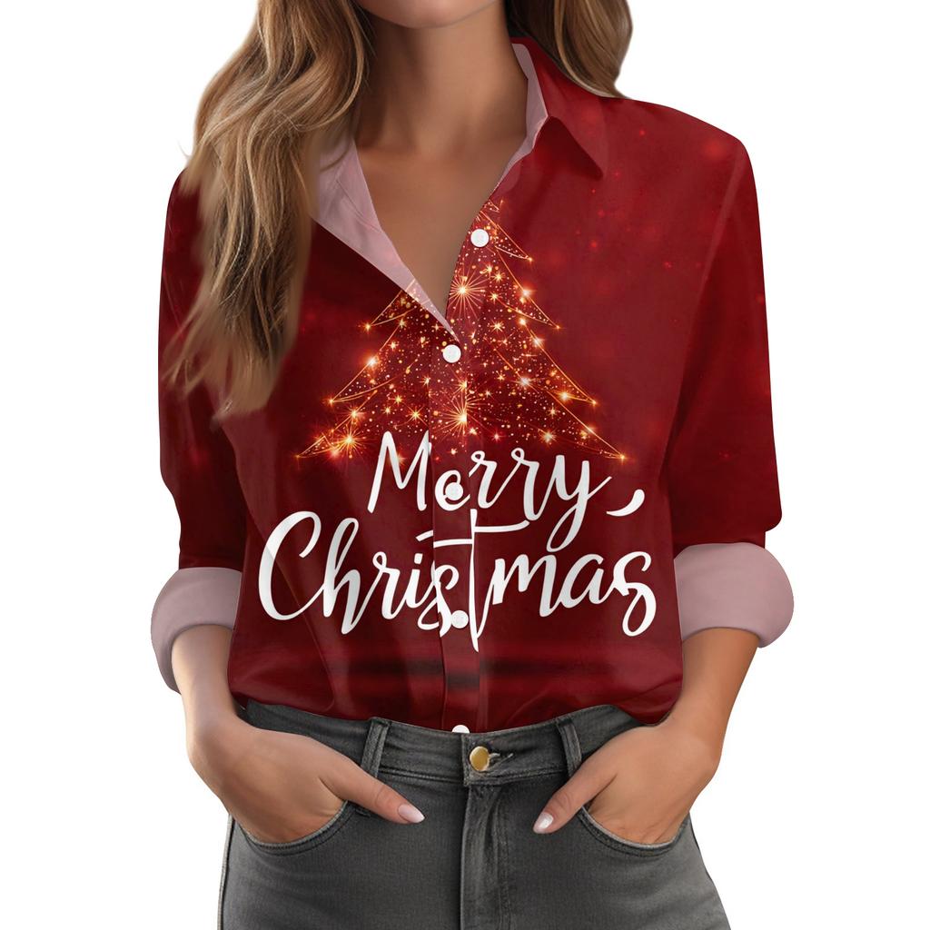 Women's Christmas Print Casual Half-Open Collar Long Sleeve Shirt