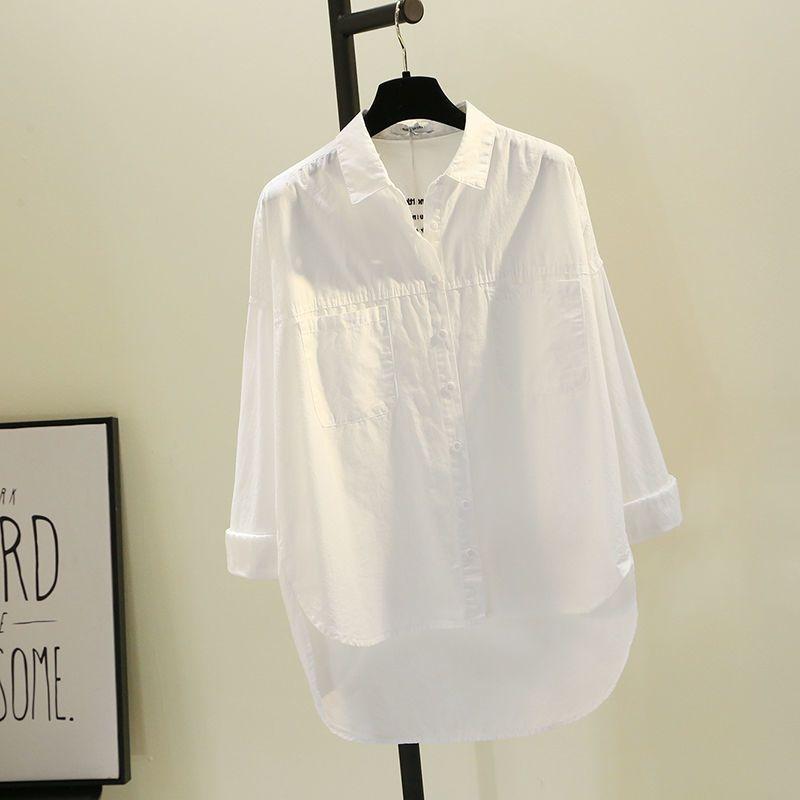 

Высококачественная хлопковая рубашка средней длины для женщин, с длинными рукавами, новая весенняя, белая рубашка с вышивкой, универсальный топ, трендовый XXL белый