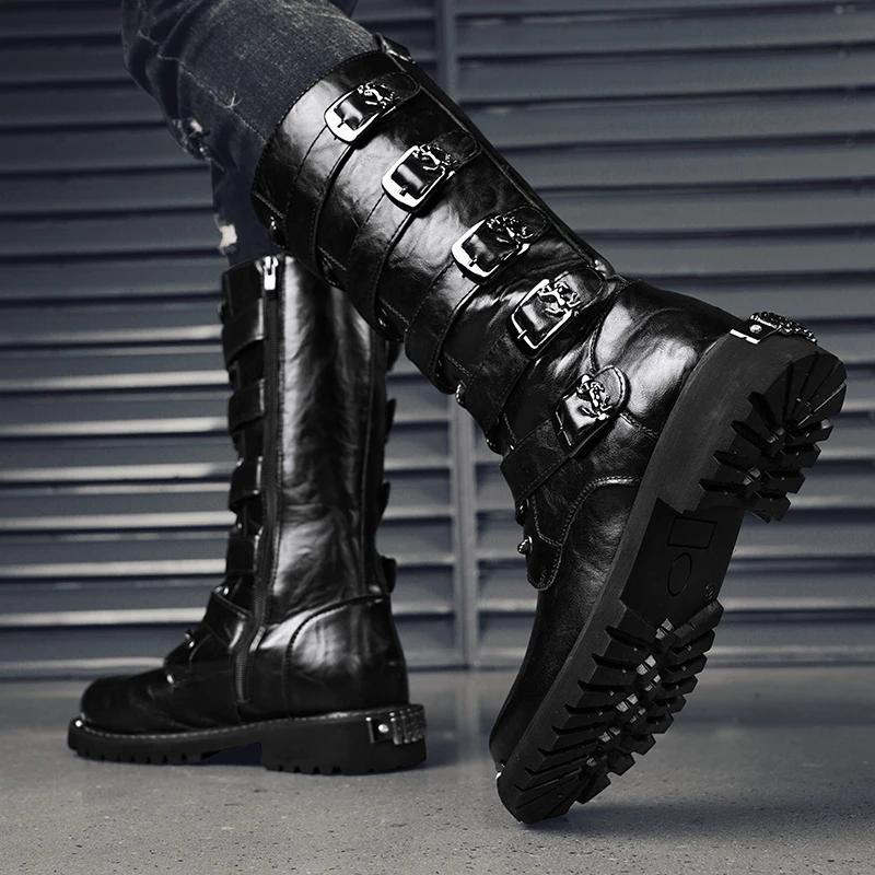 Men's Motorcycle Boots Mid-Calf Knight Men Boot Punk Hippie Rivets Zip Buckle Gentleman Male Flat Shoes Man  Plus Size 38-46