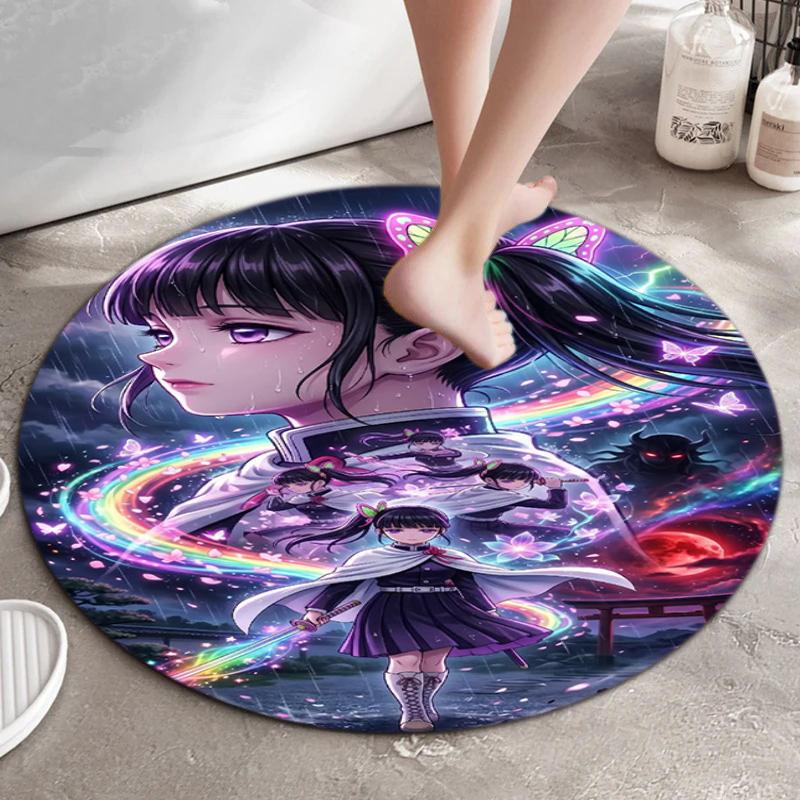 Classic Japanese-style Cartoon Demon Slayer Round Rug, Home Soft Decorative Anti-slip Yoga Mat and Chair Mat, Outdoor Floor Mat Carpet K27