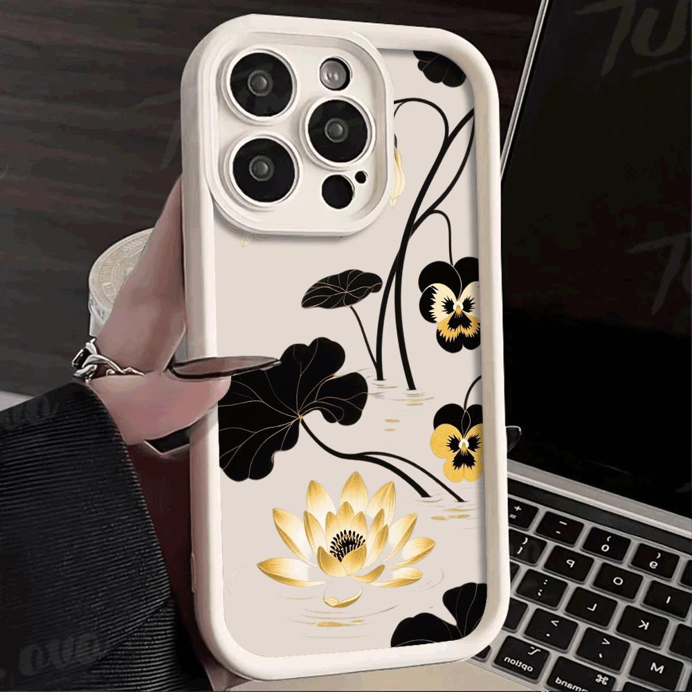 Golden Lotus & Black Lily Pads Phone Case for Xiaomi Redmi Note 14 13 12 11 10 9 8 7 Pro Shockproof Anti-Slip Soft TPU Cover
