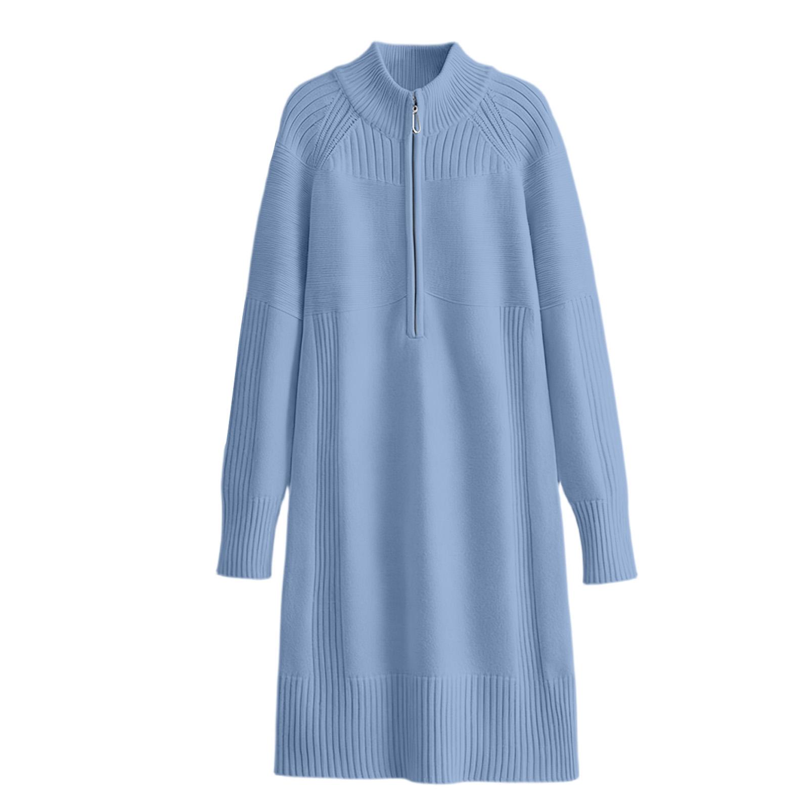 

Women s Chunky Knit Thermal Dress With Zip Fastening Casual Loose-Fit Wool Dress One Size синий