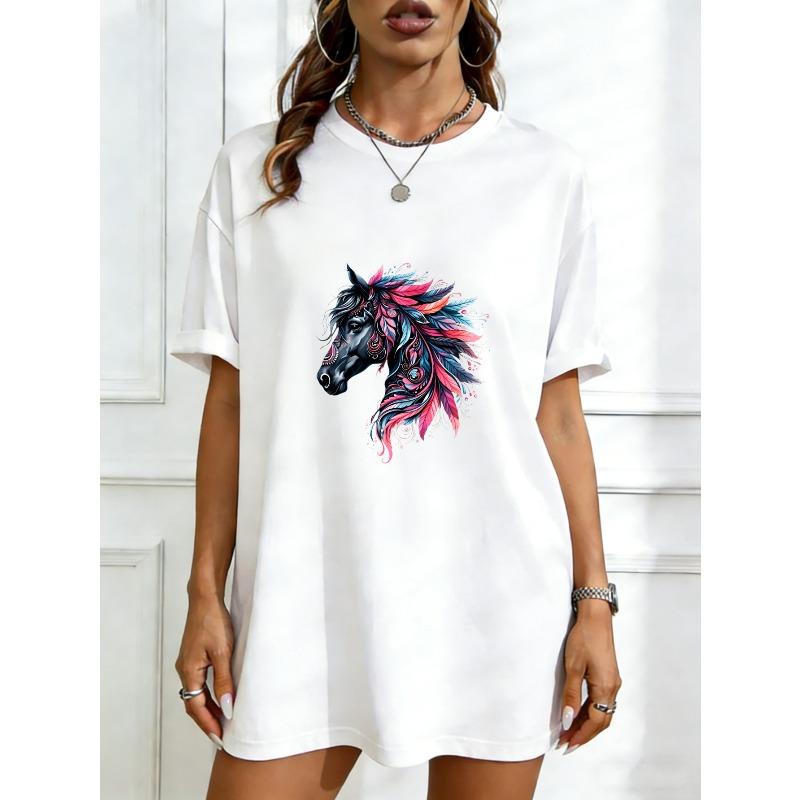 

Oversized T Shirt Dress Black Horse Head With Red And Blue Feathers Print Casual Wear For Women XXXXL білий