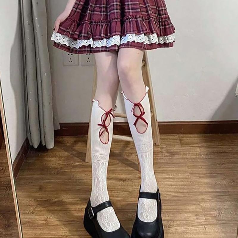 1 Paar Hohlspitze Damen Lange Strümpfe Modisch Vielseitig Geknotet Weiß Lolita-Stil Bequem Atmungsaktiv Lässige Socken