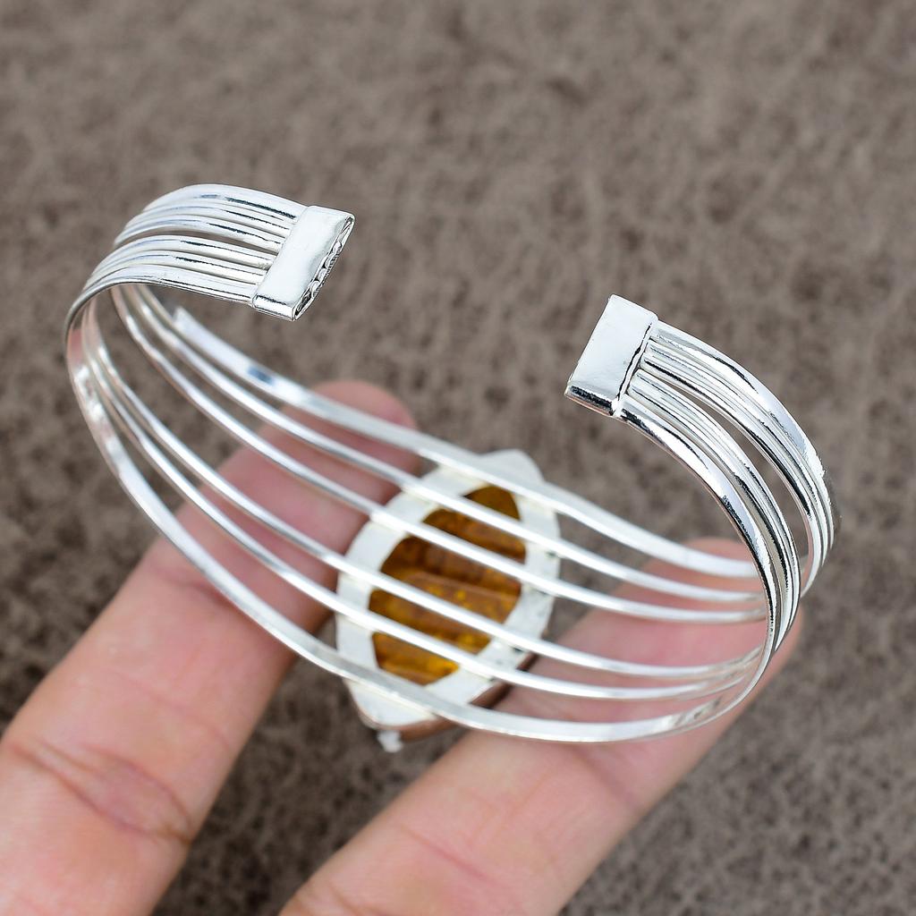 Baltic Amber Gemstone Handmade 925 Sterling Silver Cuff Bangle Adjustable KKG-217