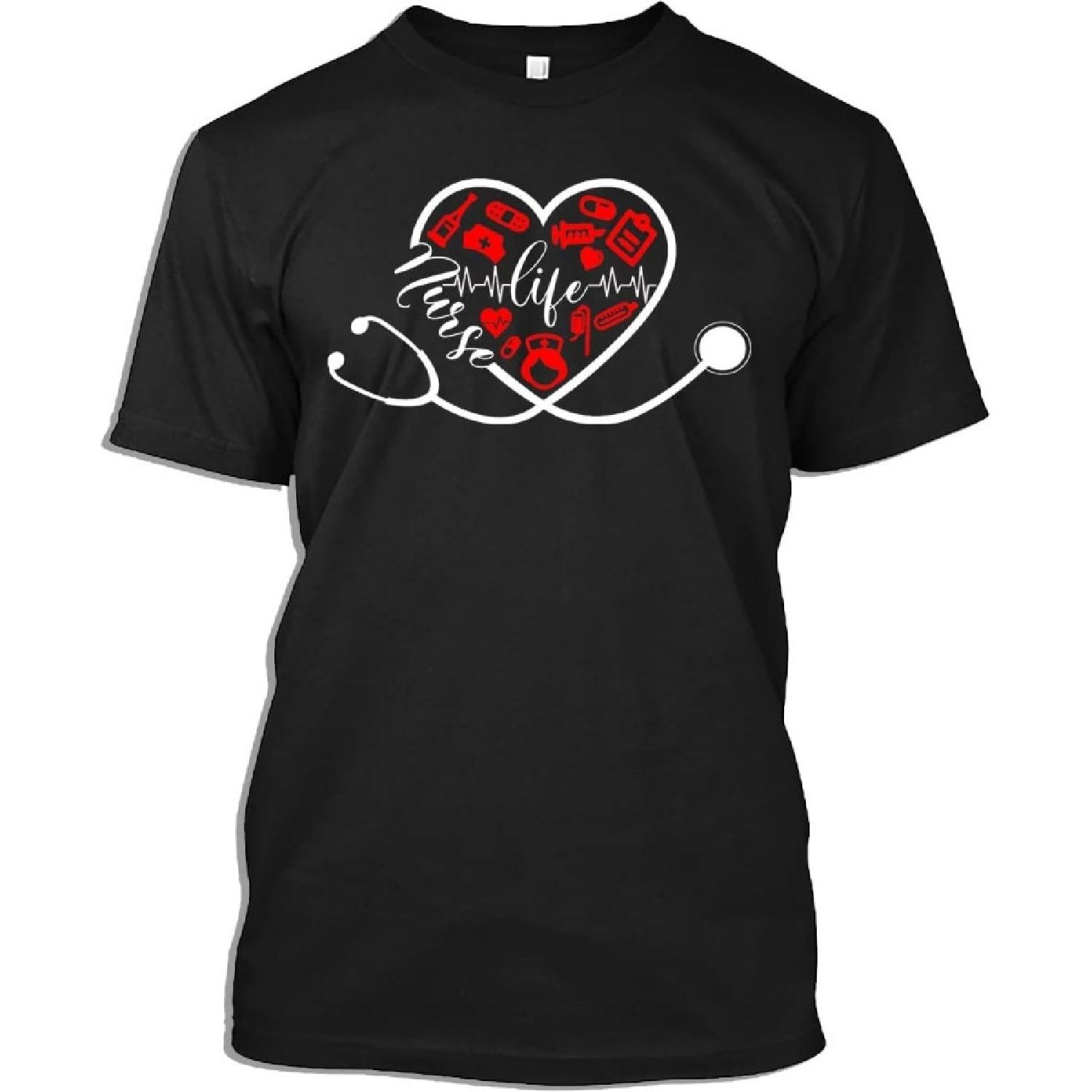 Nurse Tshirt Stethoscope Heart Art Nurse Life Nursing School Nurses Week Gift T-Shirt for Men Women, Black, X-Large S