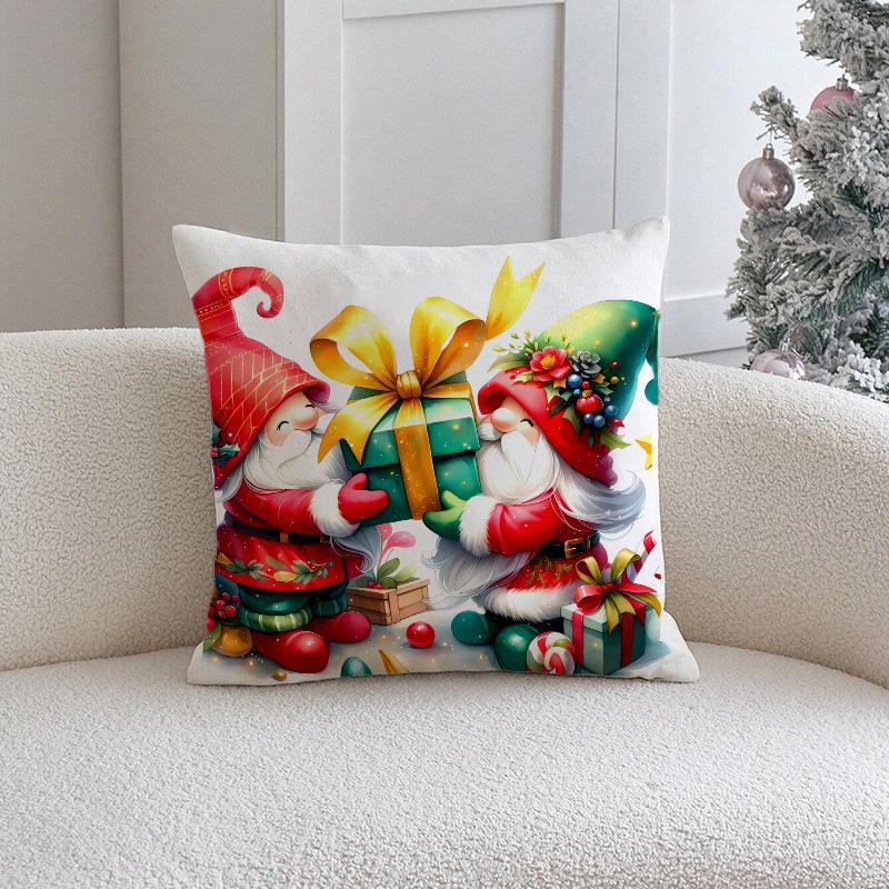 

1 шт. Рождественская декоративная наволочка - Эта мягкая праздничная декорация, оформленная узорами с рождественскими елками, венками, подарками и гномами. 45x45cm