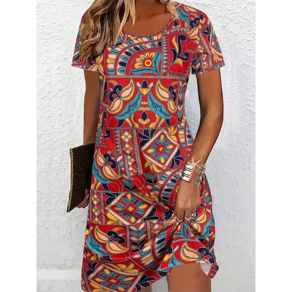 Women's Elegant Butterfly Print Short-Sleeved Round Neck Dress