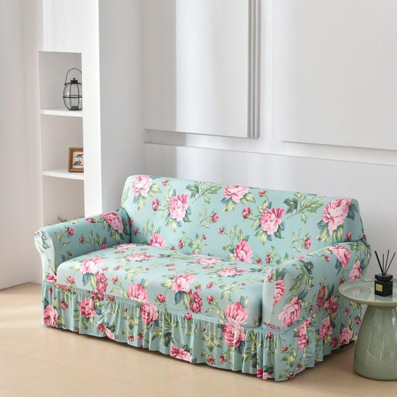 Floral Digital Print Elastic Sofa Cover with Ruffled Hem - Stretchy One-Piece Design, Adjustable Straps  Couch Covers for Sofa