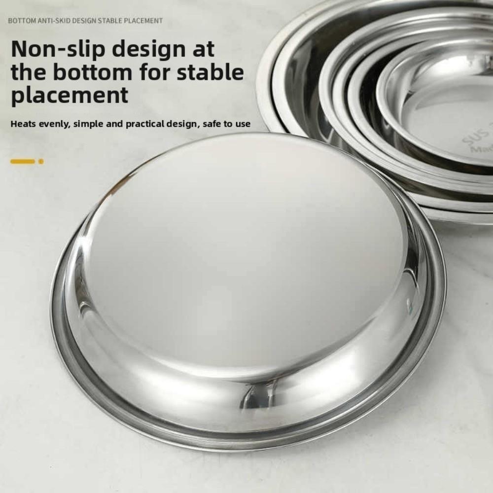 Silver Stainless Steel Round Plate Shallow Tray Rustproof Easy Clean Outdoor Camping Tray Flat Baking Cake Plate Restaurant